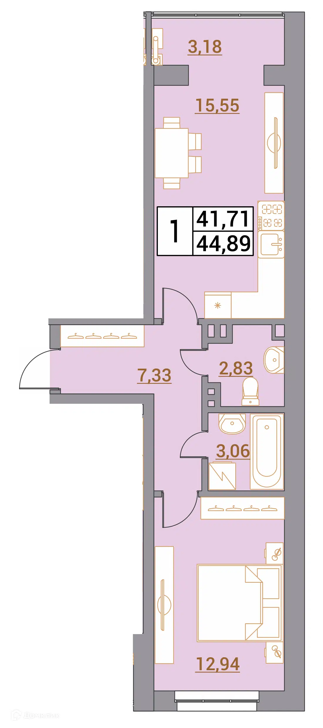 Планировка: 1-комн. квартира 44.89 м² в новостройке Зеленый город