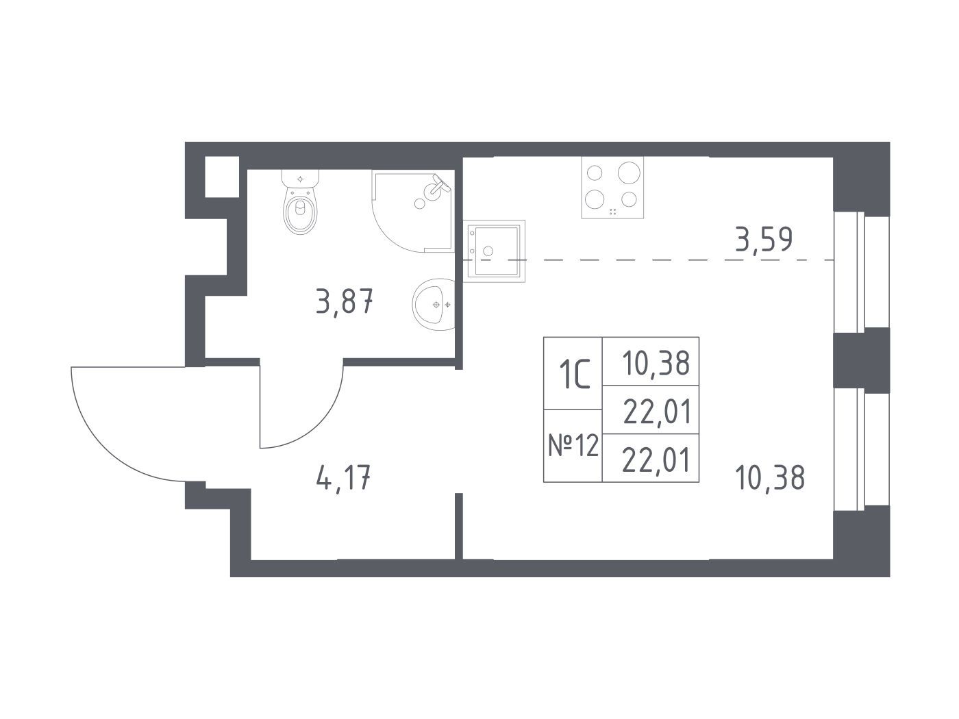 Планировка: Студия 22.01 м² в новостройке Эко Бунино