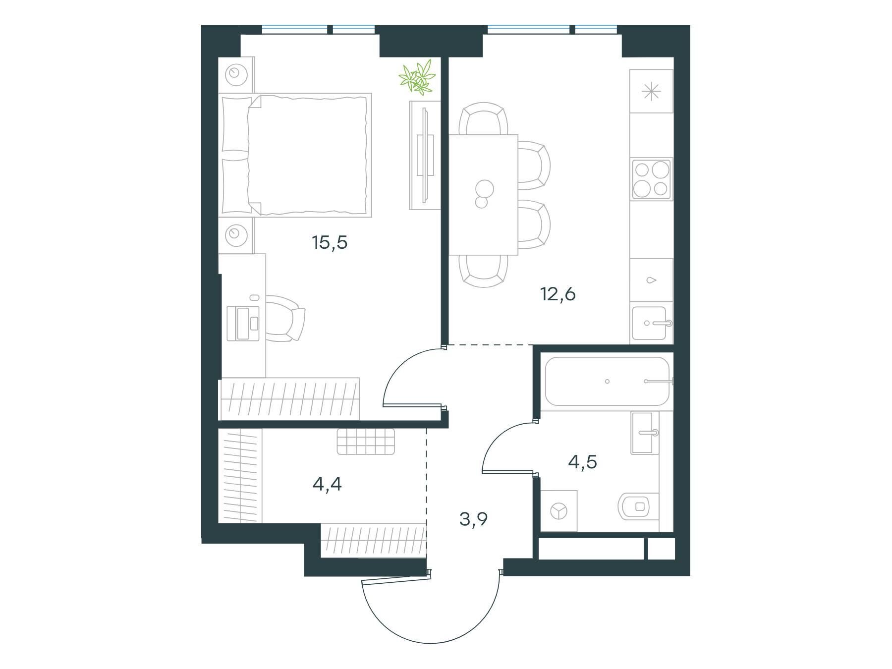 Планировка: 1-комн. квартира 40.90 м² в новостройке Левел Войковская