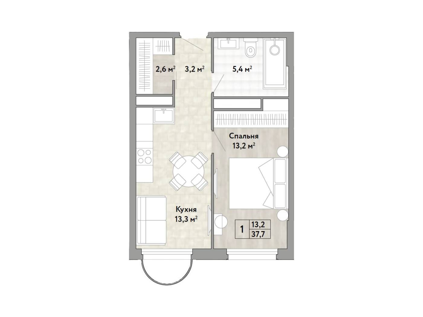 Планировка: 1-комн. квартира 37.70 м² в новостройке Новые смыслы