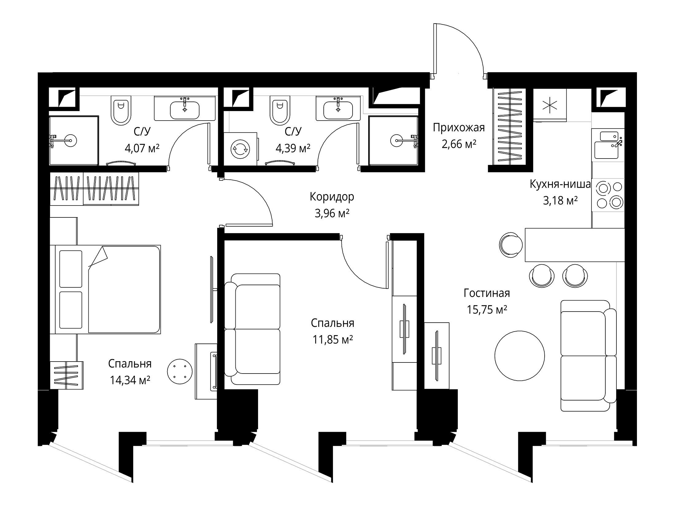 Планировка: 2-комн. квартира 59.70 м² в новостройке Феймос