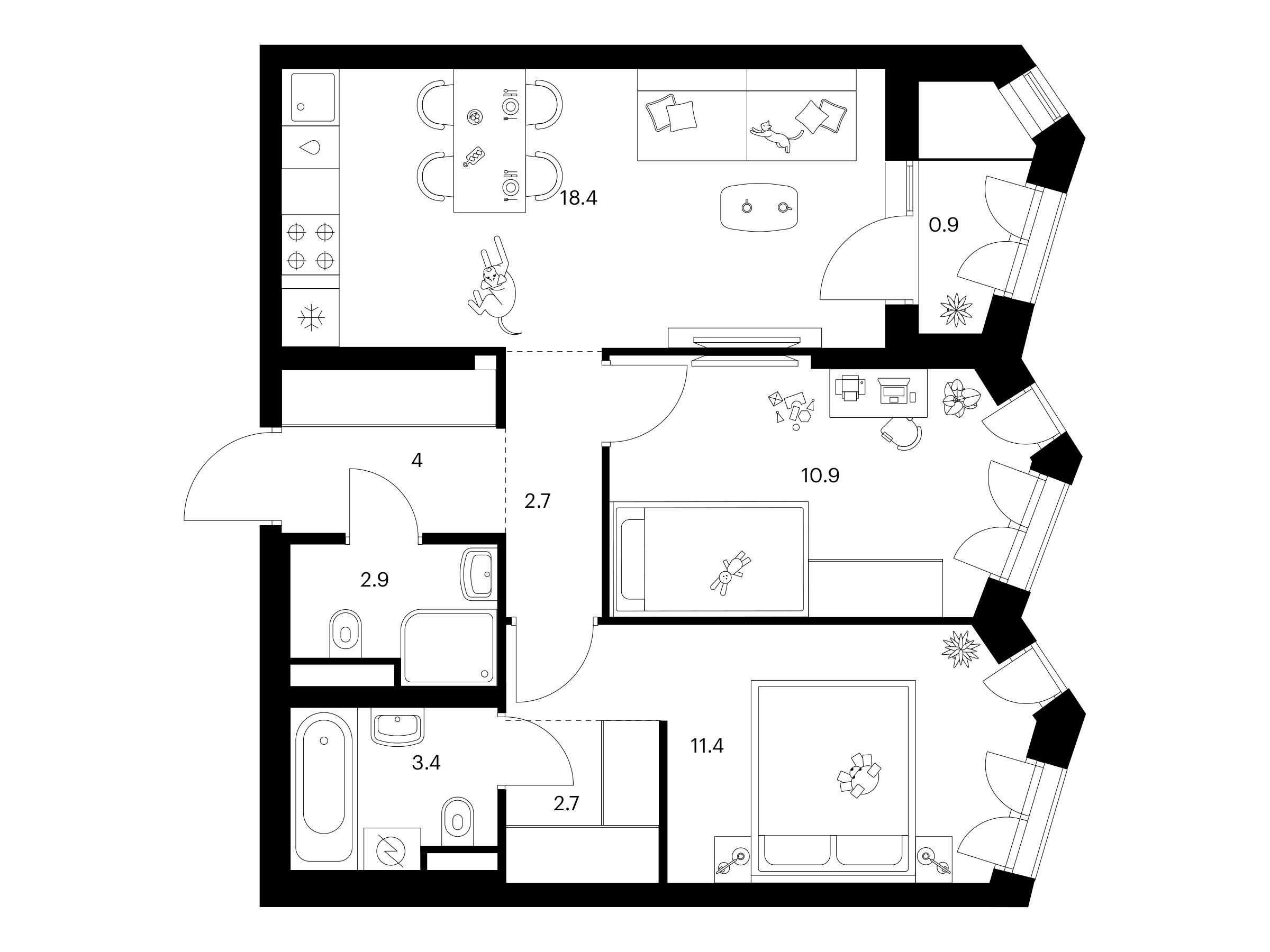 Планировка: 2-комн. квартира 57.30 м² в новостройке Мичуринский парк