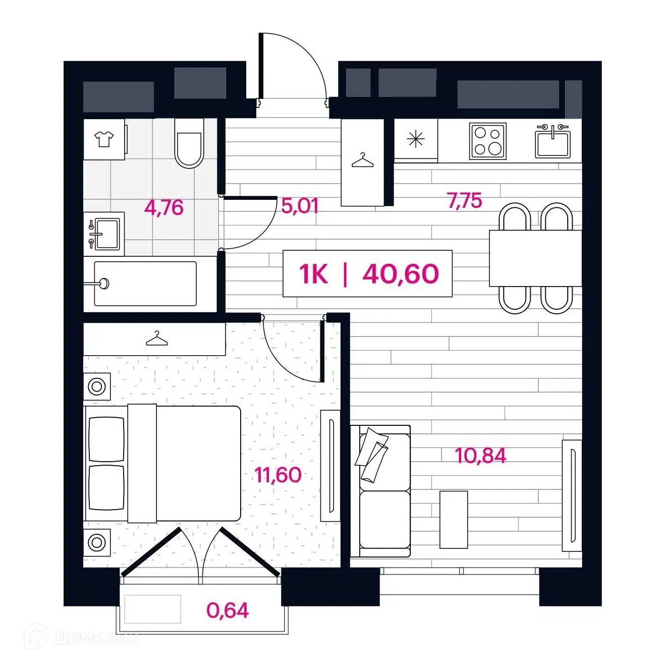 Планировка: 1-комн. квартира 40.60 м² в новостройке Пушкина