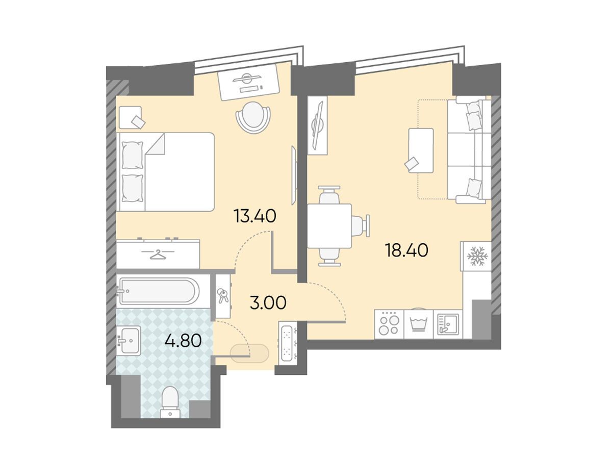Планировка: 1-комн. квартира 39.60 м² в новостройке Обручева 30