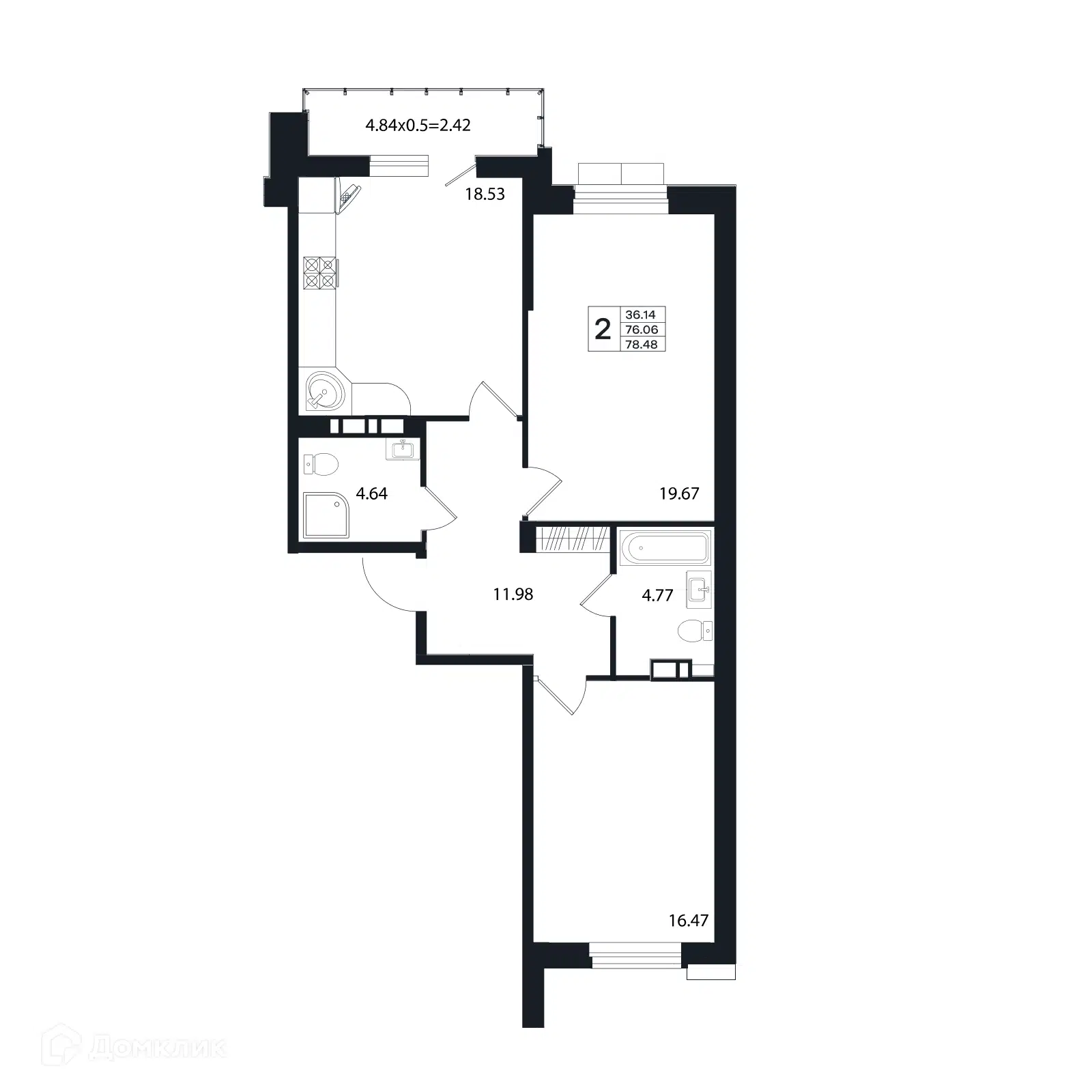 Планировка: 2-комн. квартира 78.48 м² в новостройке Эндемик