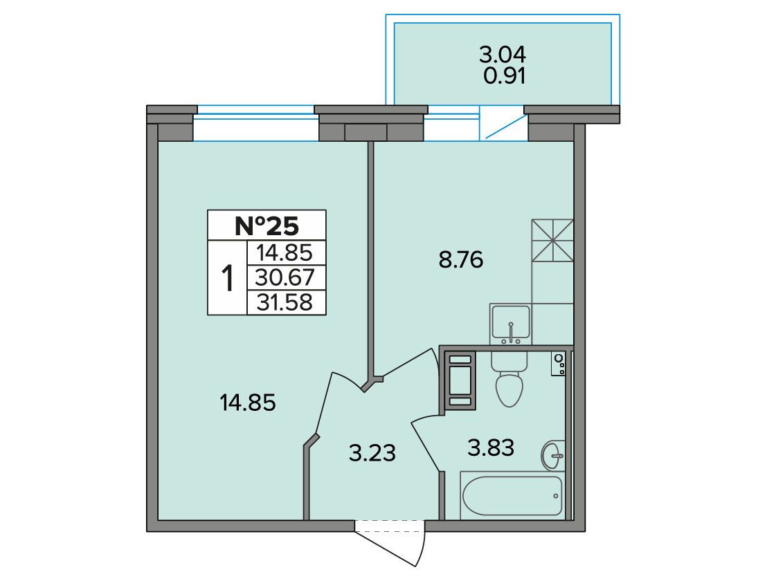 Планировка: 1-комн. квартира 31.77 м² в новостройке Смарт