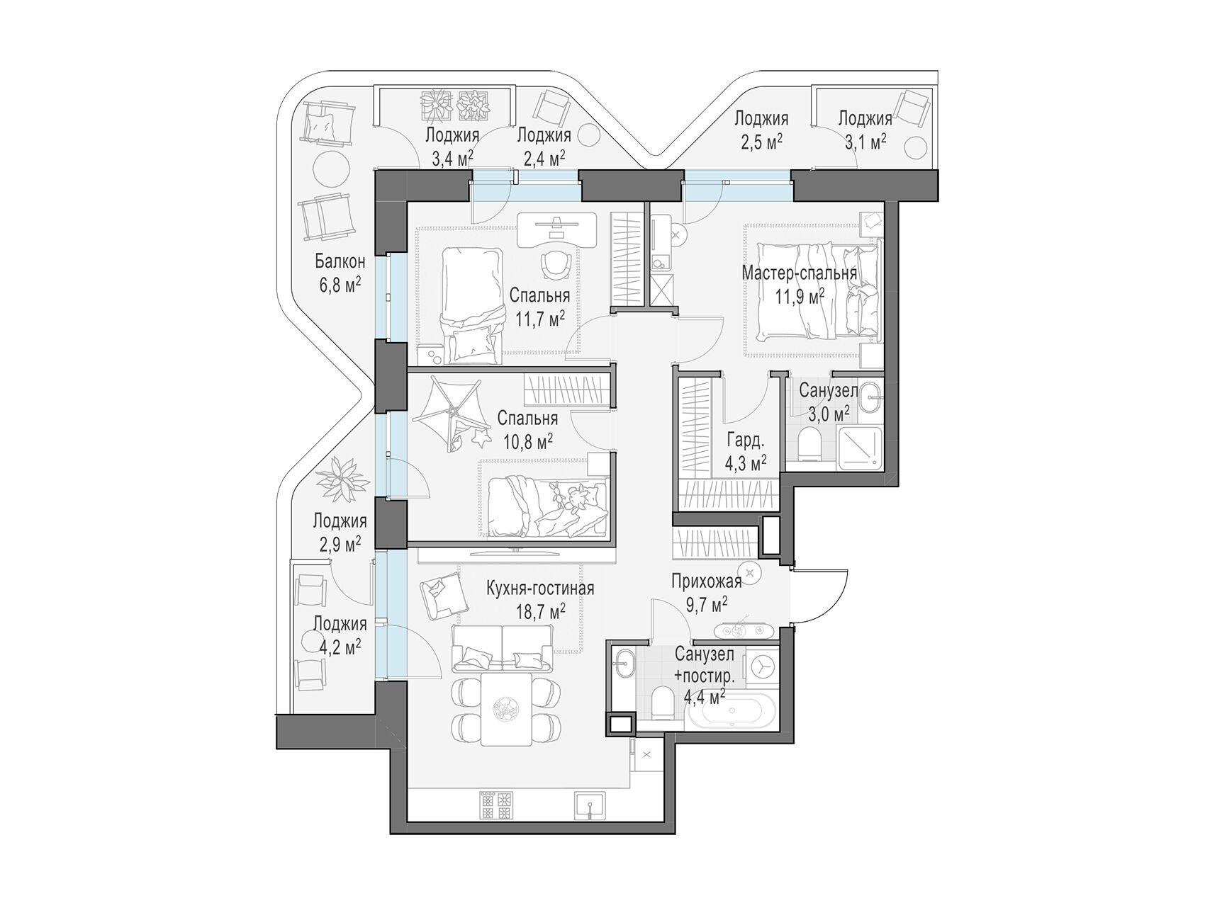 Планировка: 3-комн. квартира 86.30 м² в новостройке Форивер