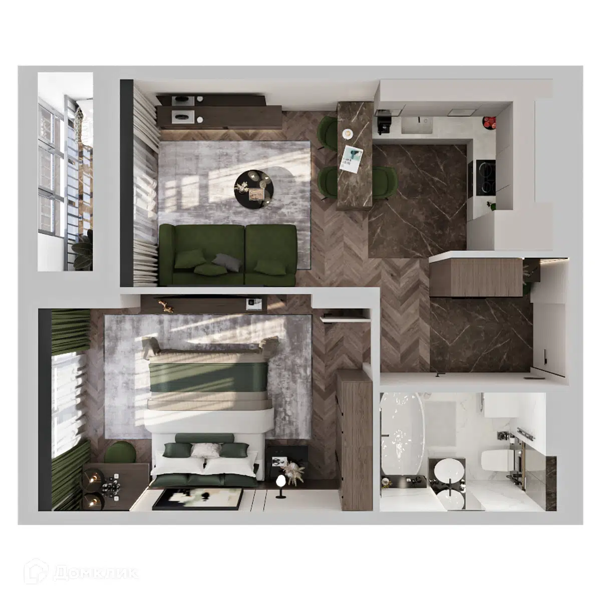 Планировка: 1-комн. квартира 44.23 м² в новостройке Клубный дом на Пушкина