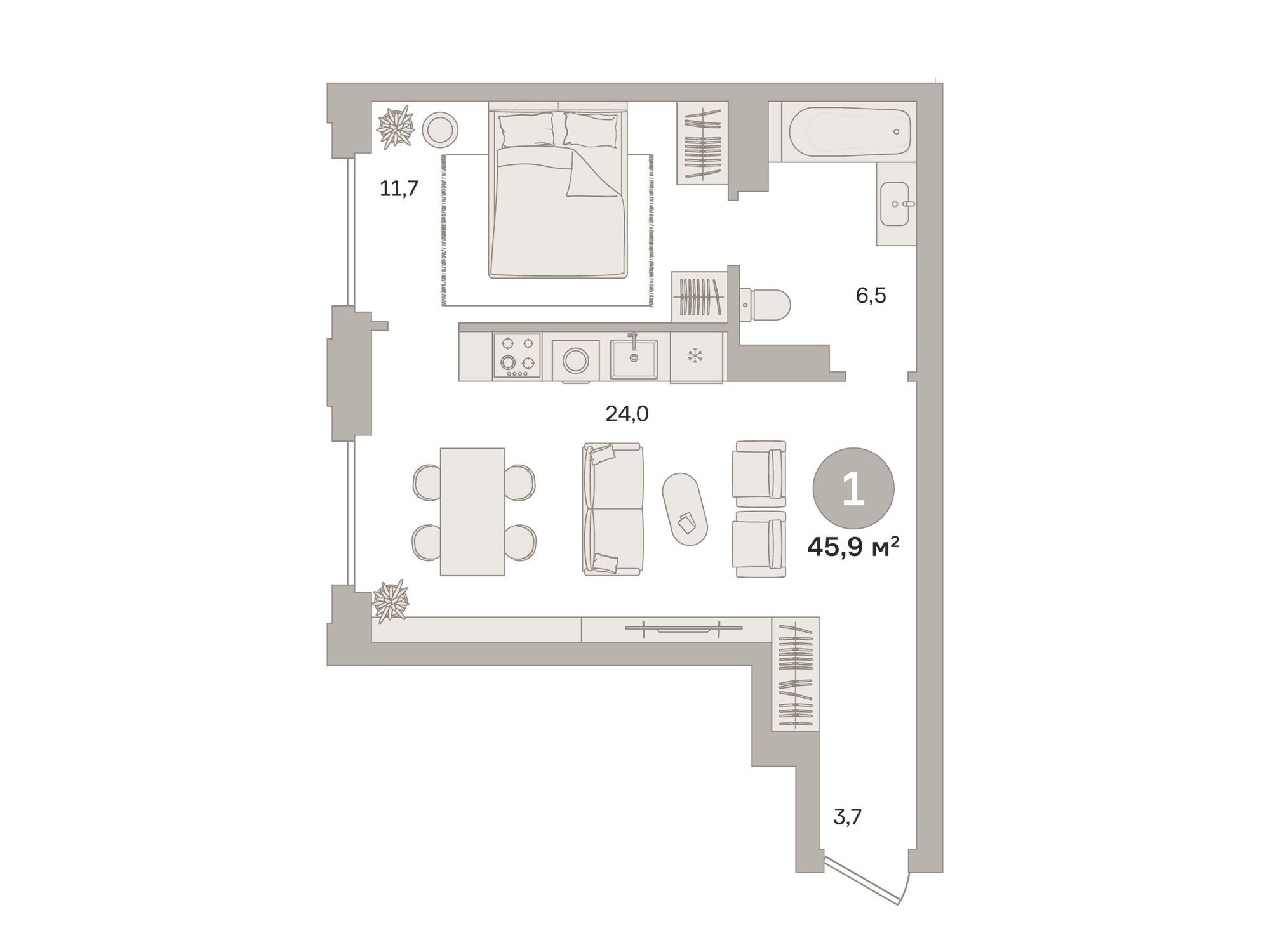Планировка: 1-комн. квартира 45.80 м² в новостройке Монс