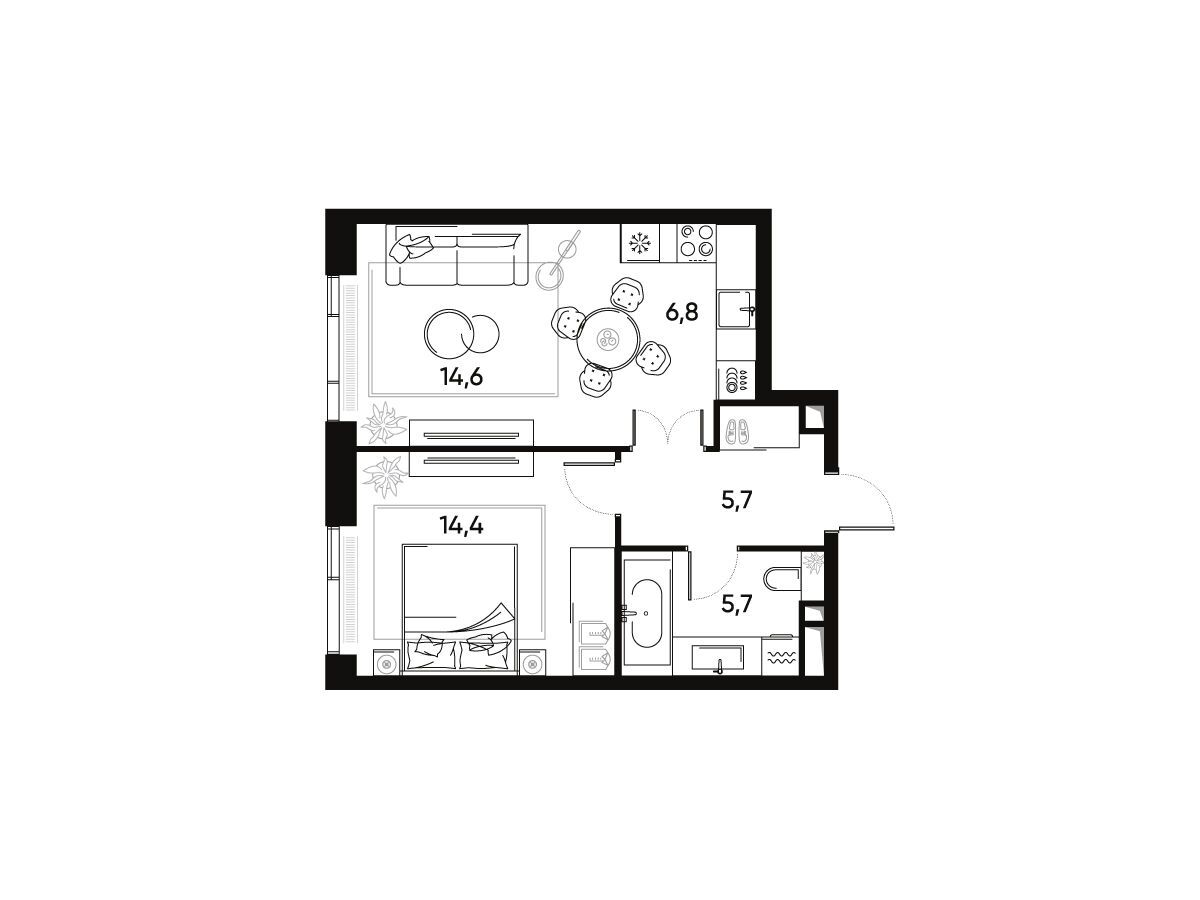 Планировка: 2-комн. квартира 47.30 м² в новостройке Прайд