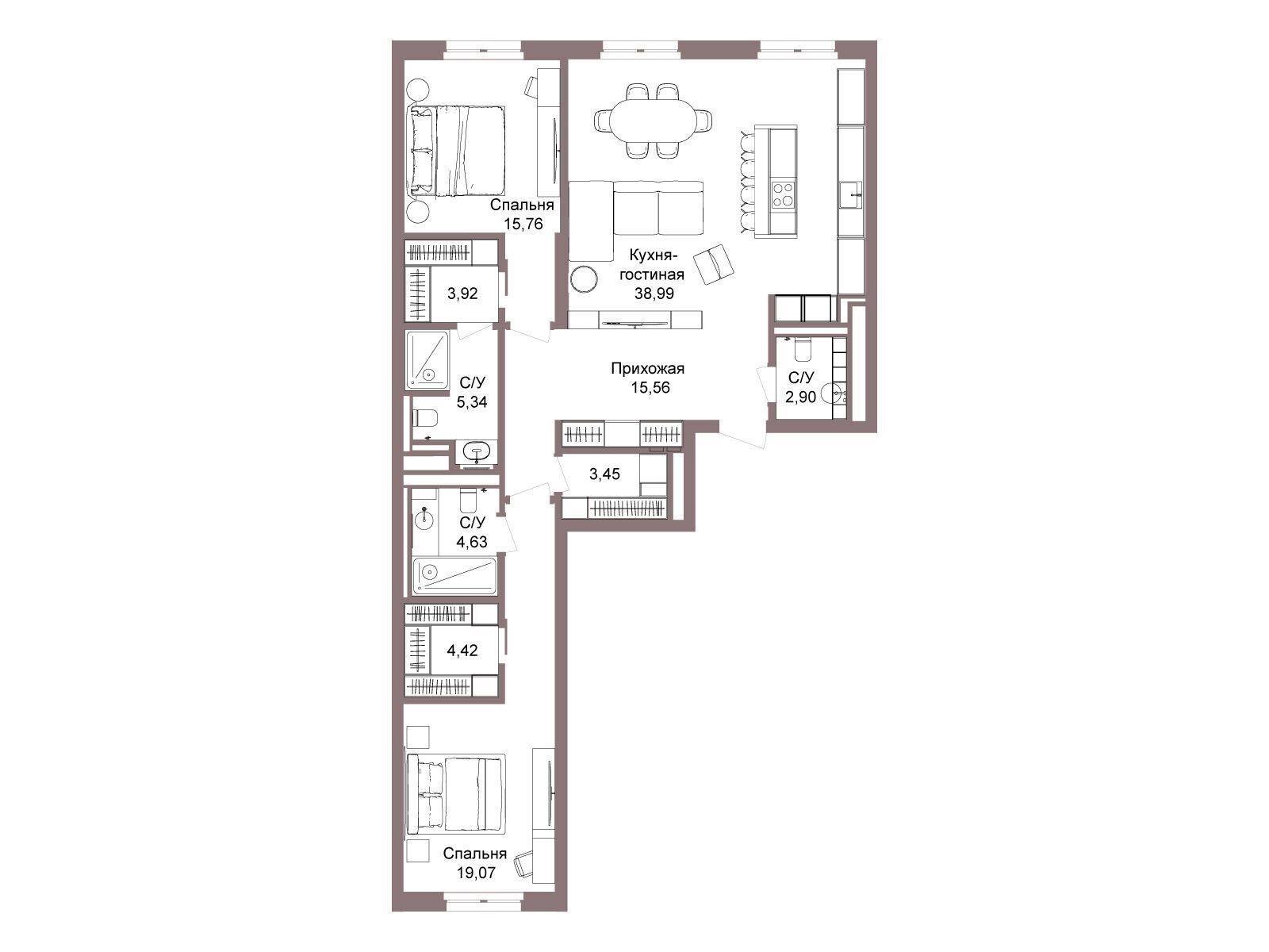 Планировка: 3-комн. квартира 119.70 м² в новостройке ЖК Легаси