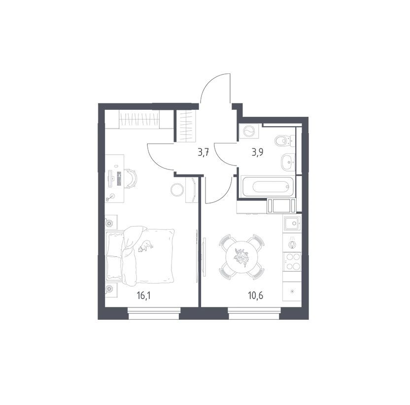Планировка: 1-комн. квартира 33.80 м² в новостройке Мытищи Парк