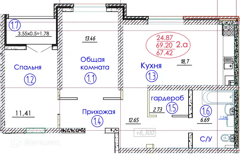 Планировка: 2-комн. квартира 58.47 м² в новостройке Гулливер