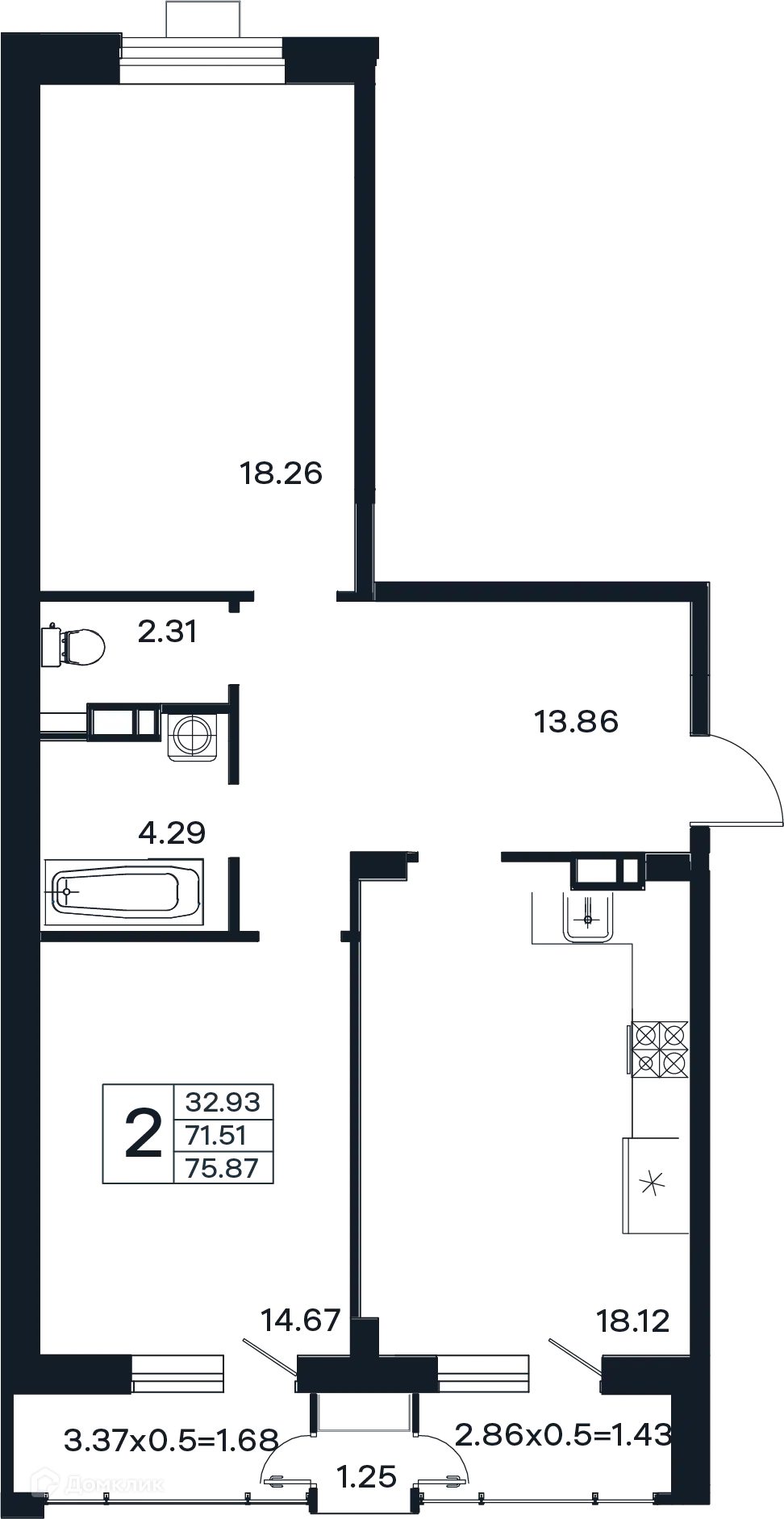 Планировка: 2-комн. квартира 75.87 м² в новостройке Эндемик
