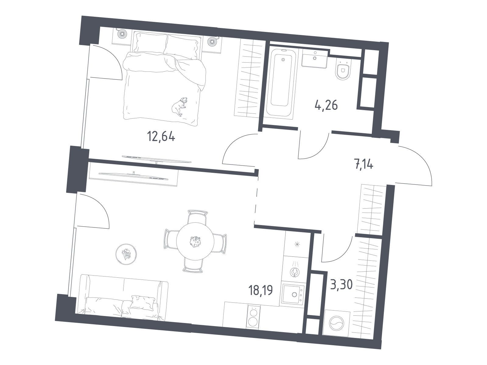 Планировка: 1-комн. квартира 45.53 м² в новостройке ЖК Квартал на воде