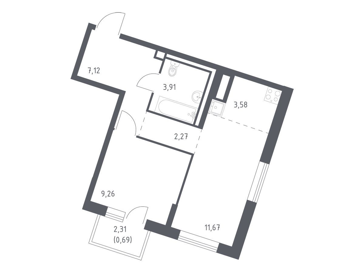 Планировка: 1-комн. квартира 38.50 м² в новостройке Лаголово