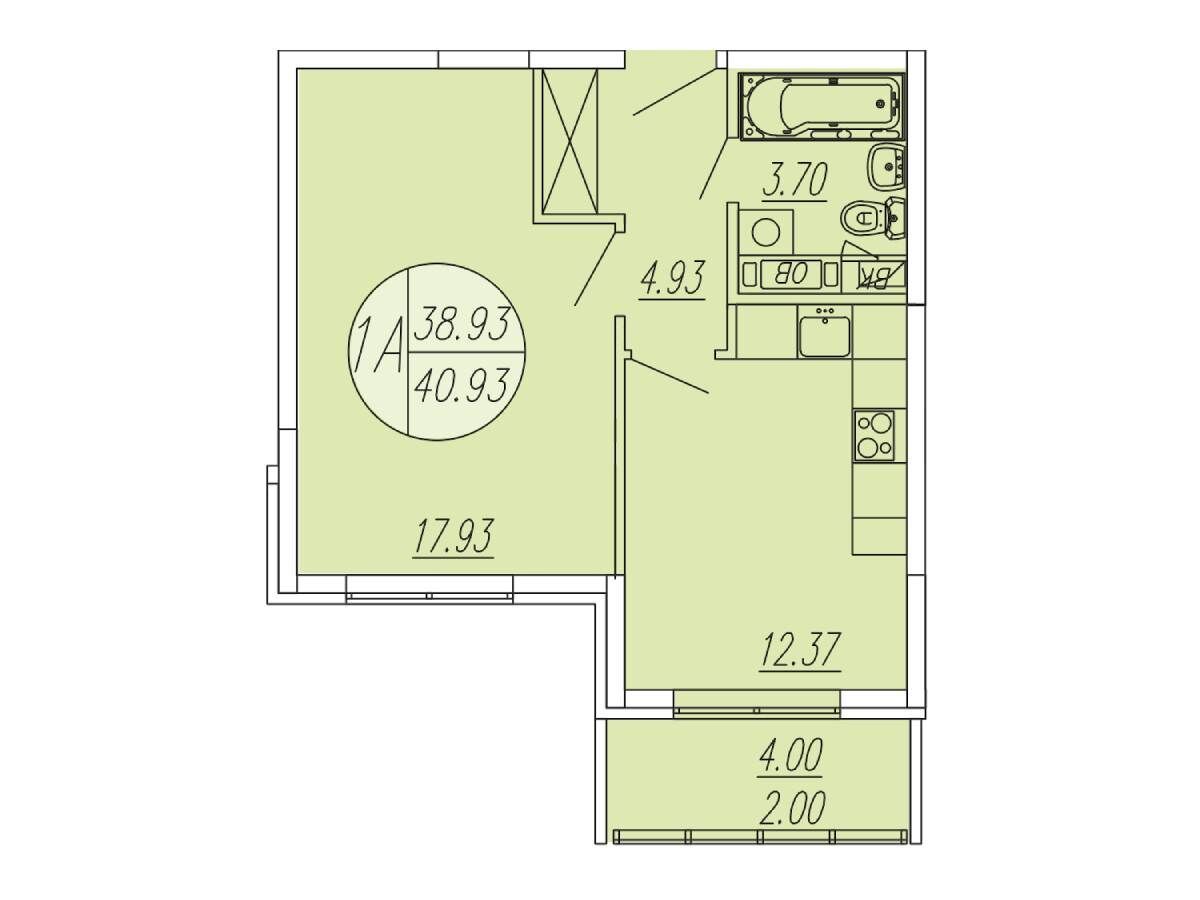 Планировка: 1-комн. квартира 40.93 м² в новостройке Шолохово