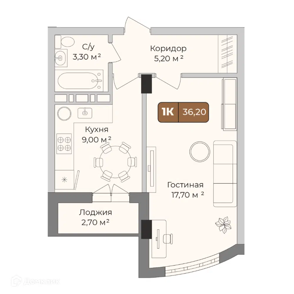 Планировка: 1-комн. квартира 36.20 м² в новостройке Опера