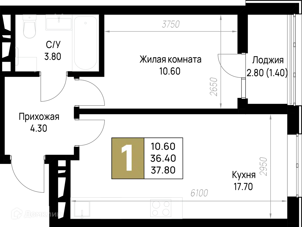 Планировка: 1-комн. квартира 37.80 м² в новостройке На Высоком берегу