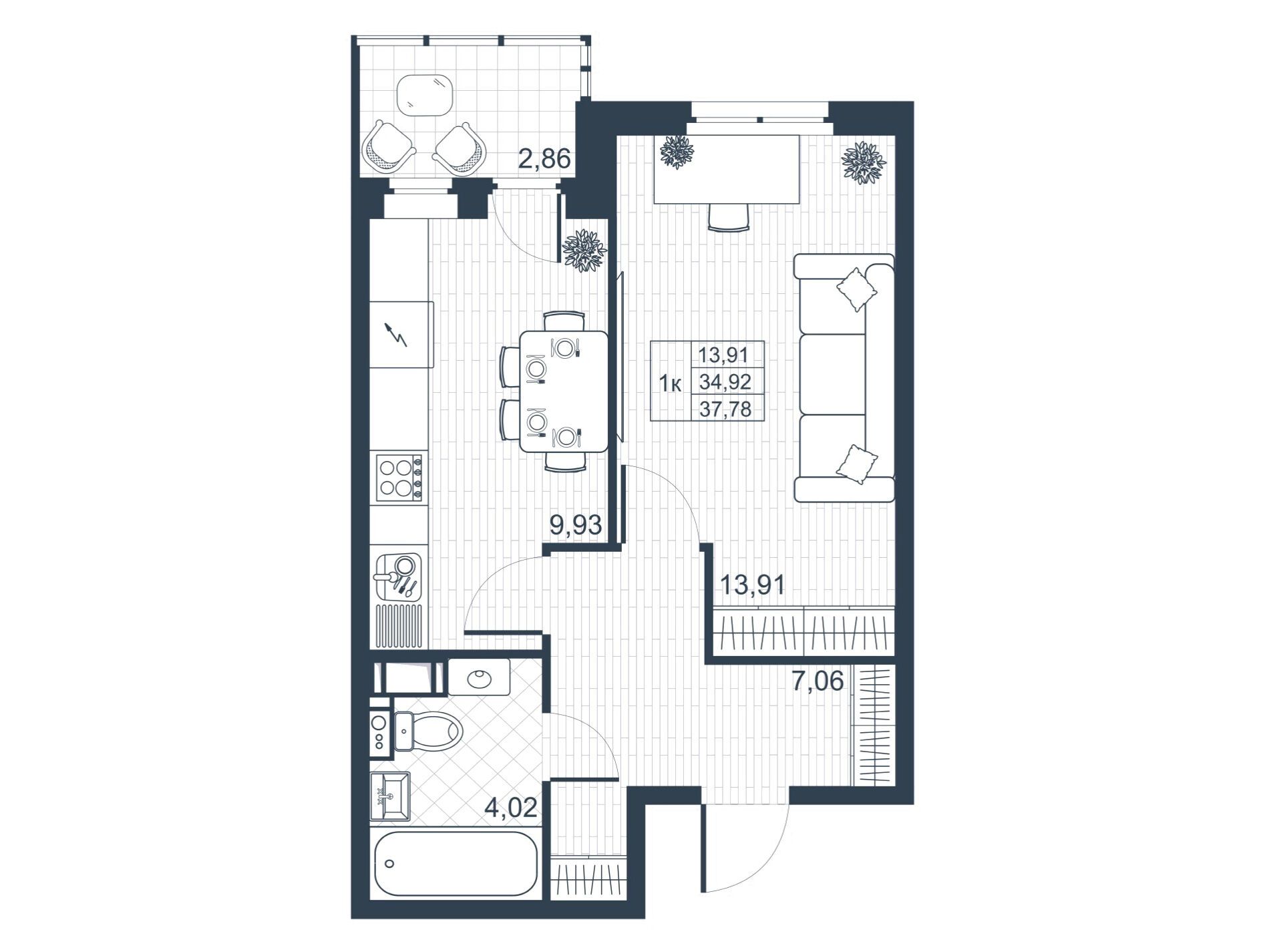 Планировка: 1-комн. квартира 34.70 м² в новостройке Ново-Антропшино