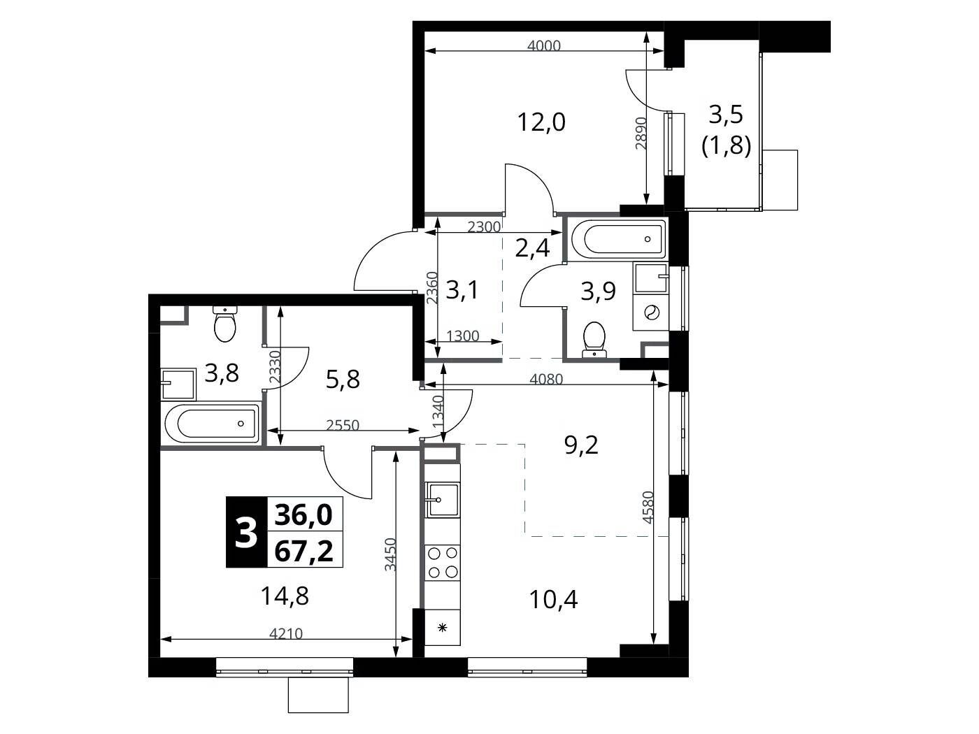 Планировка: 3-комн. квартира 67.20 м² в новостройке 1-й Шереметьевский