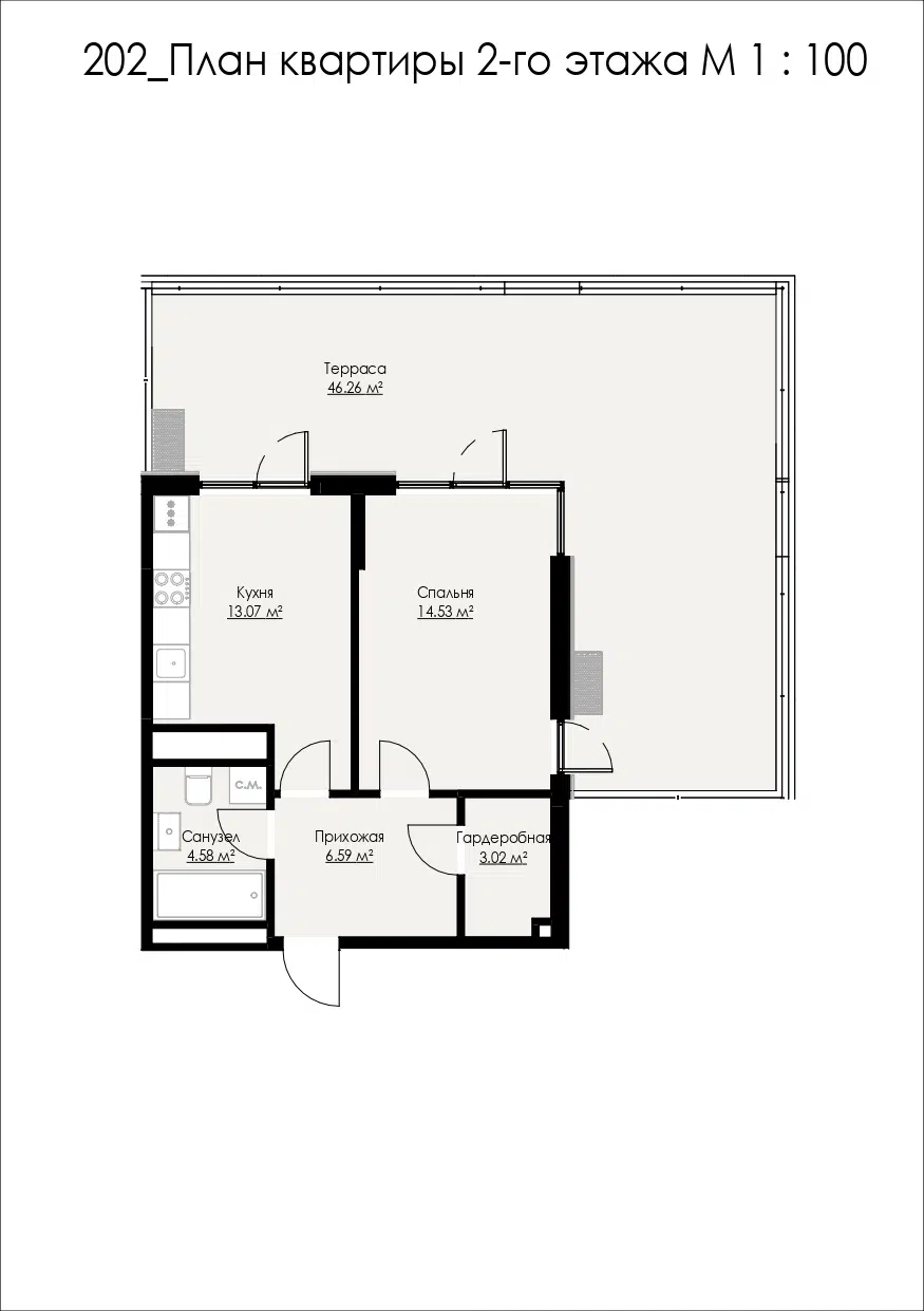 Планировка: 1-комн. квартира 88.05 м² в новостройке  по ш. Севастопольское