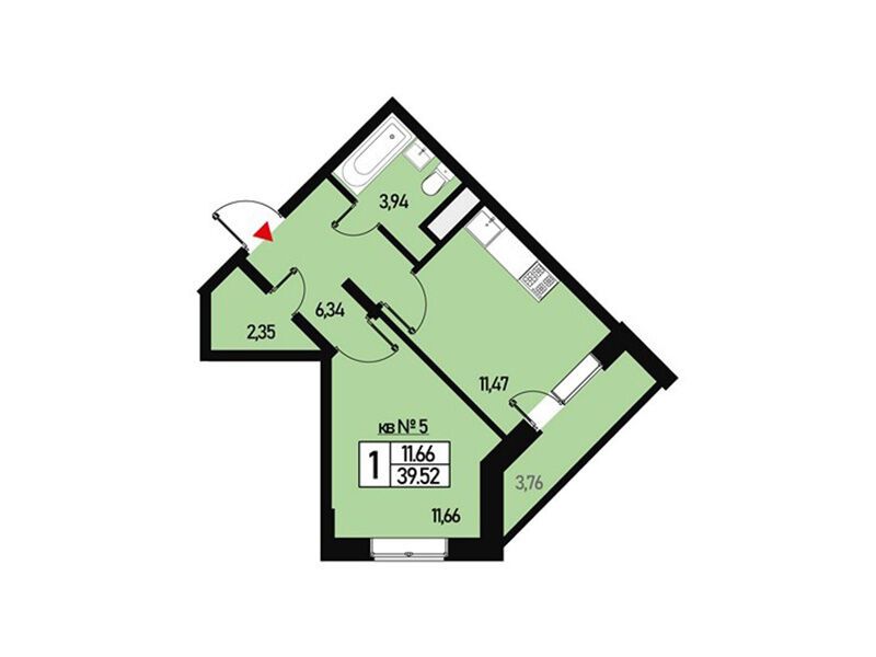 Планировка: 1-комн. квартира 35.00 м² в новостройке Борисоглебское