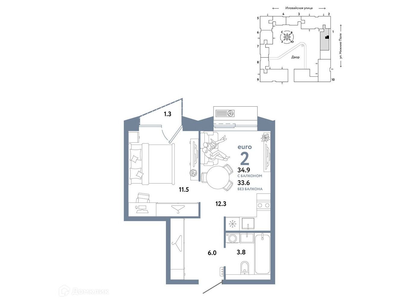 Планировка: 2-комн. квартира 34.90 м² в новостройке Страна. Заречная