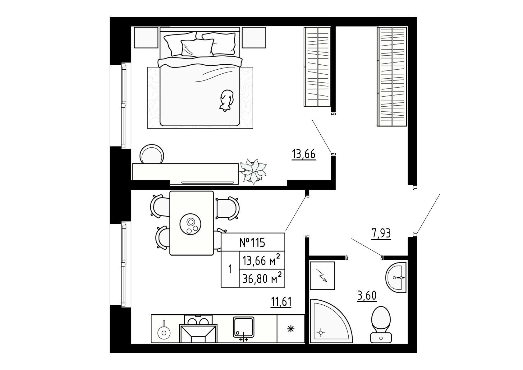Планировка: 1-комн. квартира 36.80 м² в новостройке Аннино Сити