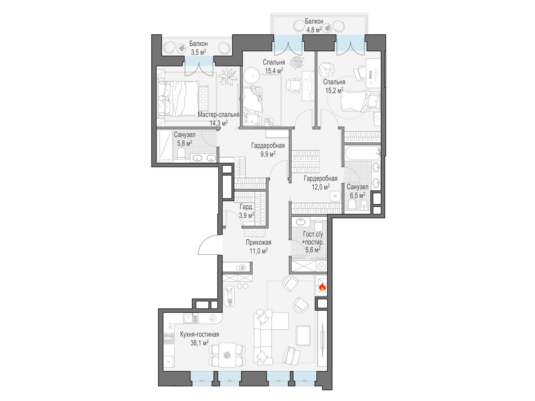 Планировка: 3-комн. квартира 141.20 м² в новостройке Фон Дессин
