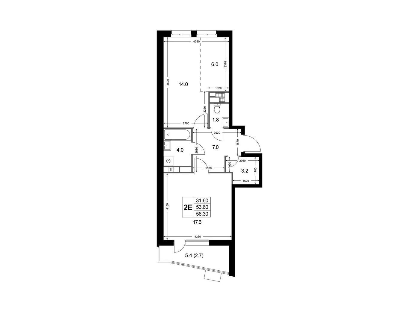 Планировка: 2-комн. квартира 53.70 м² в новостройке ЖК Легенда Коренёво