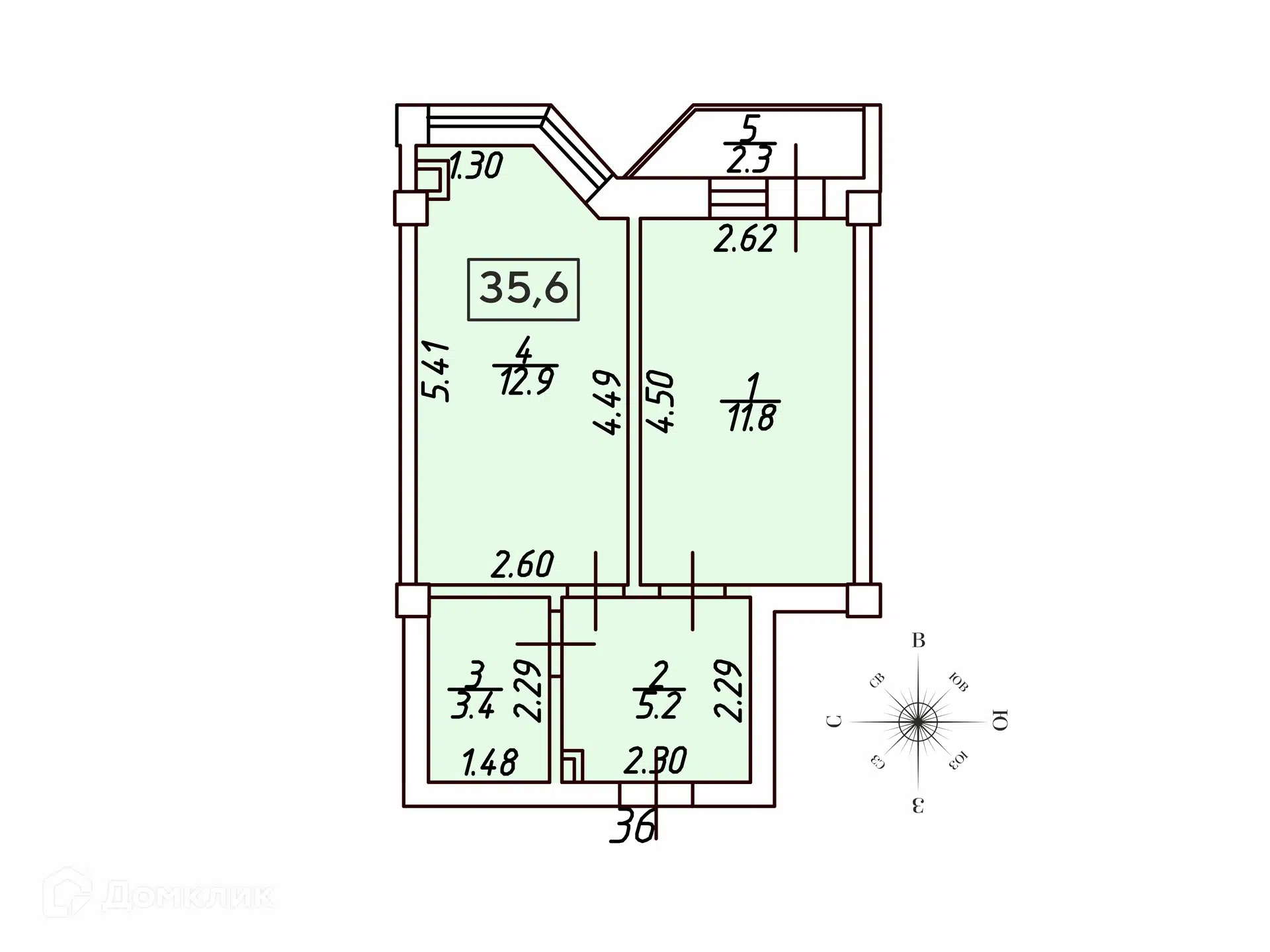 Планировка: 1-комн. квартира 35.60 м² в новостройке Кленовая роща