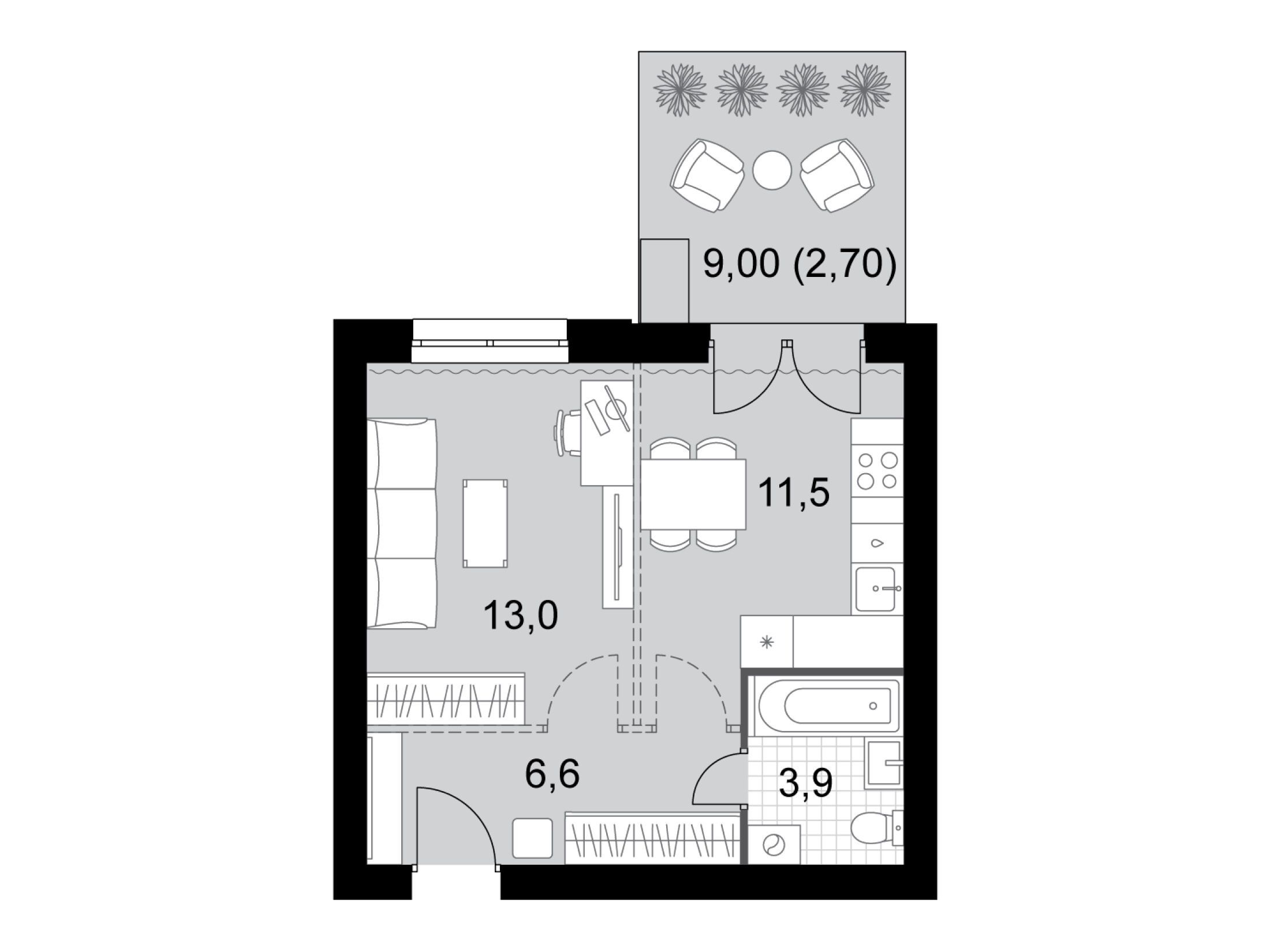 Планировка: 1-комн. квартира 37.70 м² в новостройке ЖК Дубровицы клаб