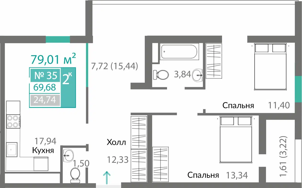 Планировка: 2-комн. квартира 69.68 м² в новостройке ЖК Горизонты-2