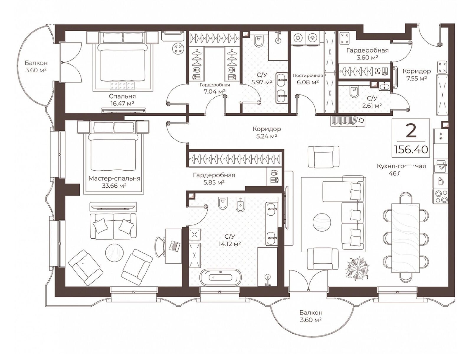 Планировка: 2-комн. квартира 156.40 м² в новостройке Воронцовъ