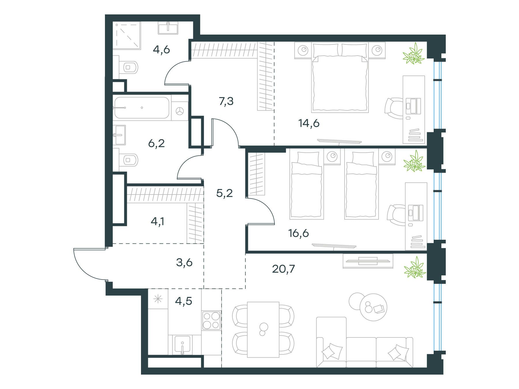 Планировка: 3-комн. квартира 87.40 м² в новостройке ЖК Левел Академическая