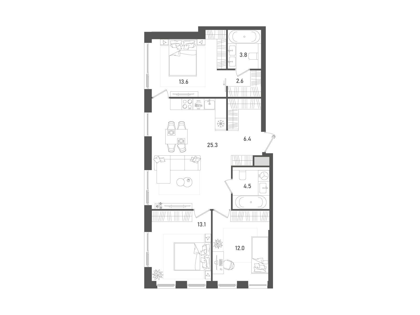 Планировка: 3-комн. квартира 81.30 м² в новостройке Пейв