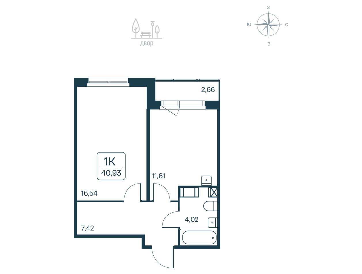 Планировка: 1-комн. квартира 40.93 м² в новостройке Расцветай в Янино