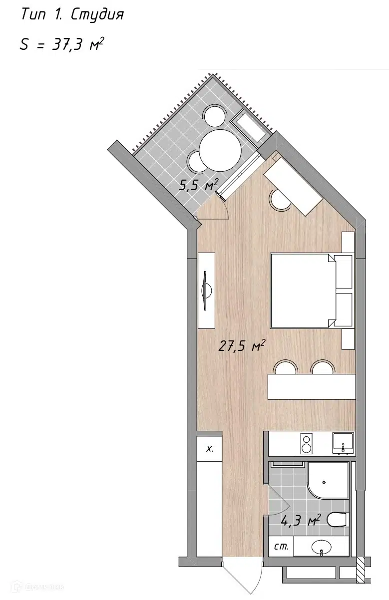 Планировка: Студия 37.30 м² в новостройке Оазис Азова