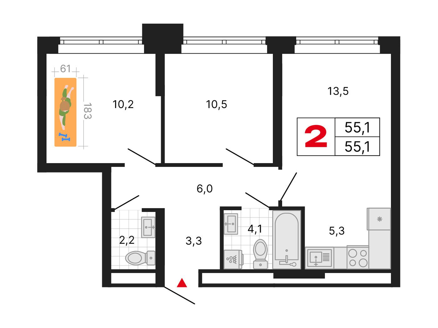Планировка: 2-комн. квартира 55.10 м² в новостройке Бестселлер