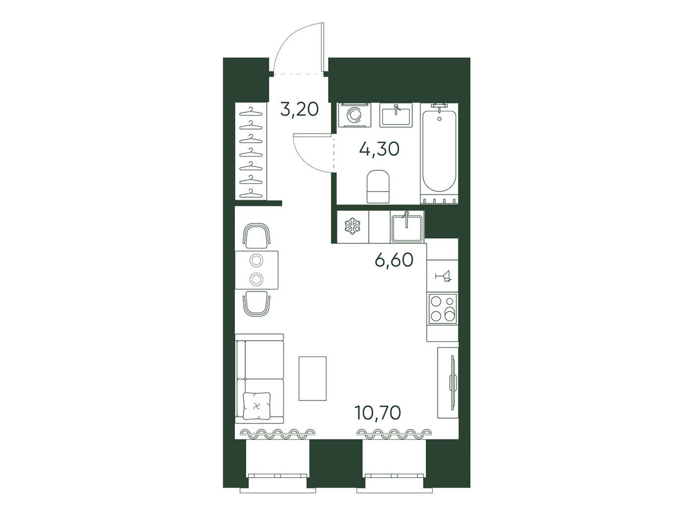 Планировка: Студия 24.80 м² в новостройке Моисеенко 10