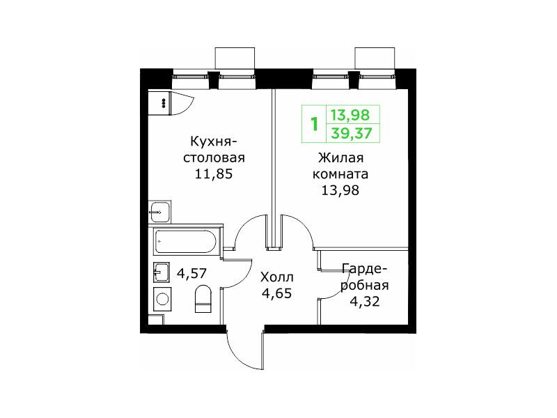 Планировка: 1-комн. квартира 39.37 м² в новостройке ЖК КИТ 2