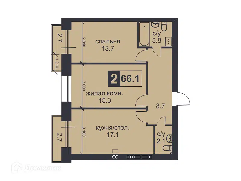 Планировка: 2-комн. квартира 66.10 м² в новостройке Михайловский