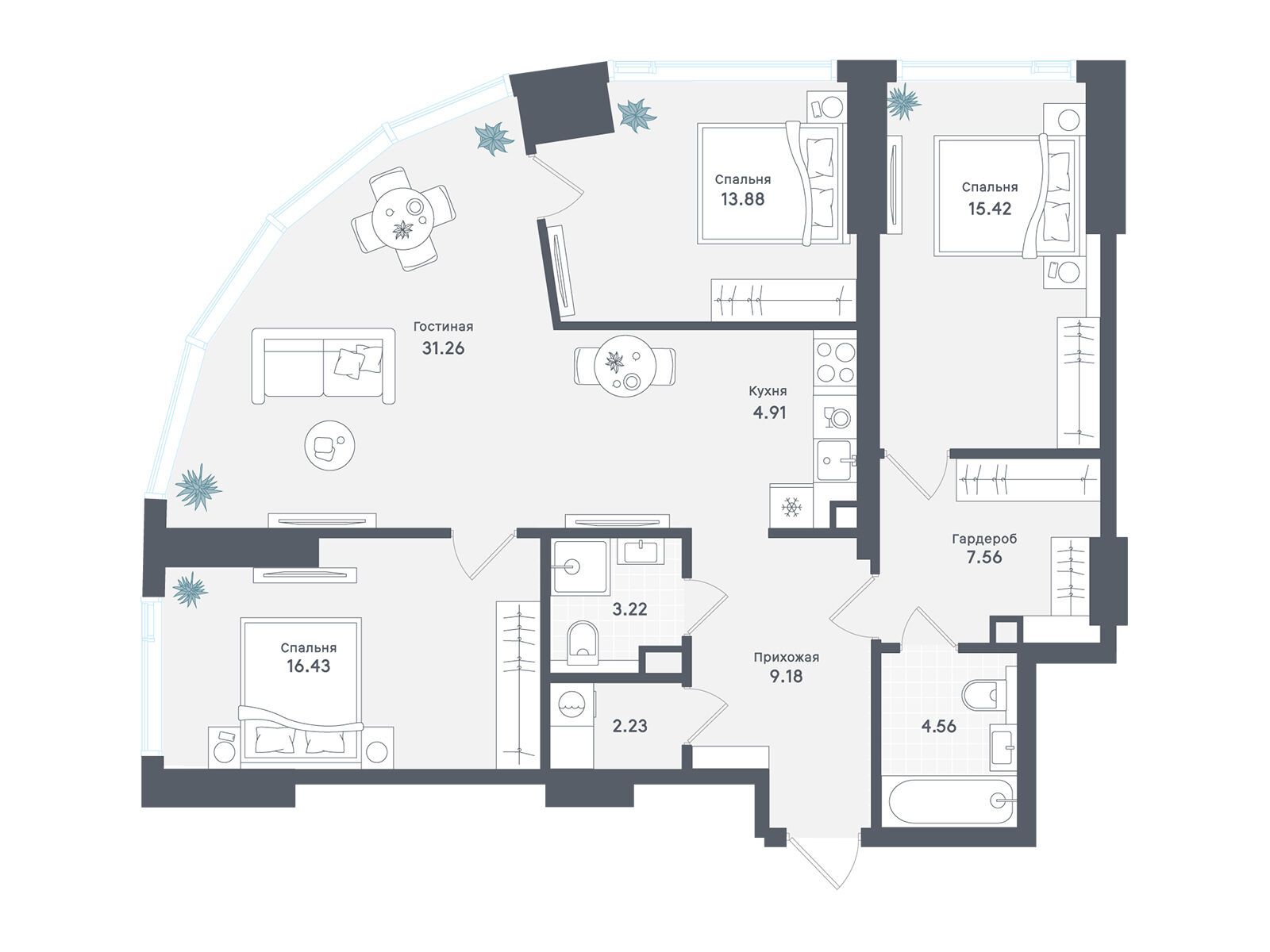 Планировка: 3-комн. квартира 108.65 м² в новостройке ЖК Солос