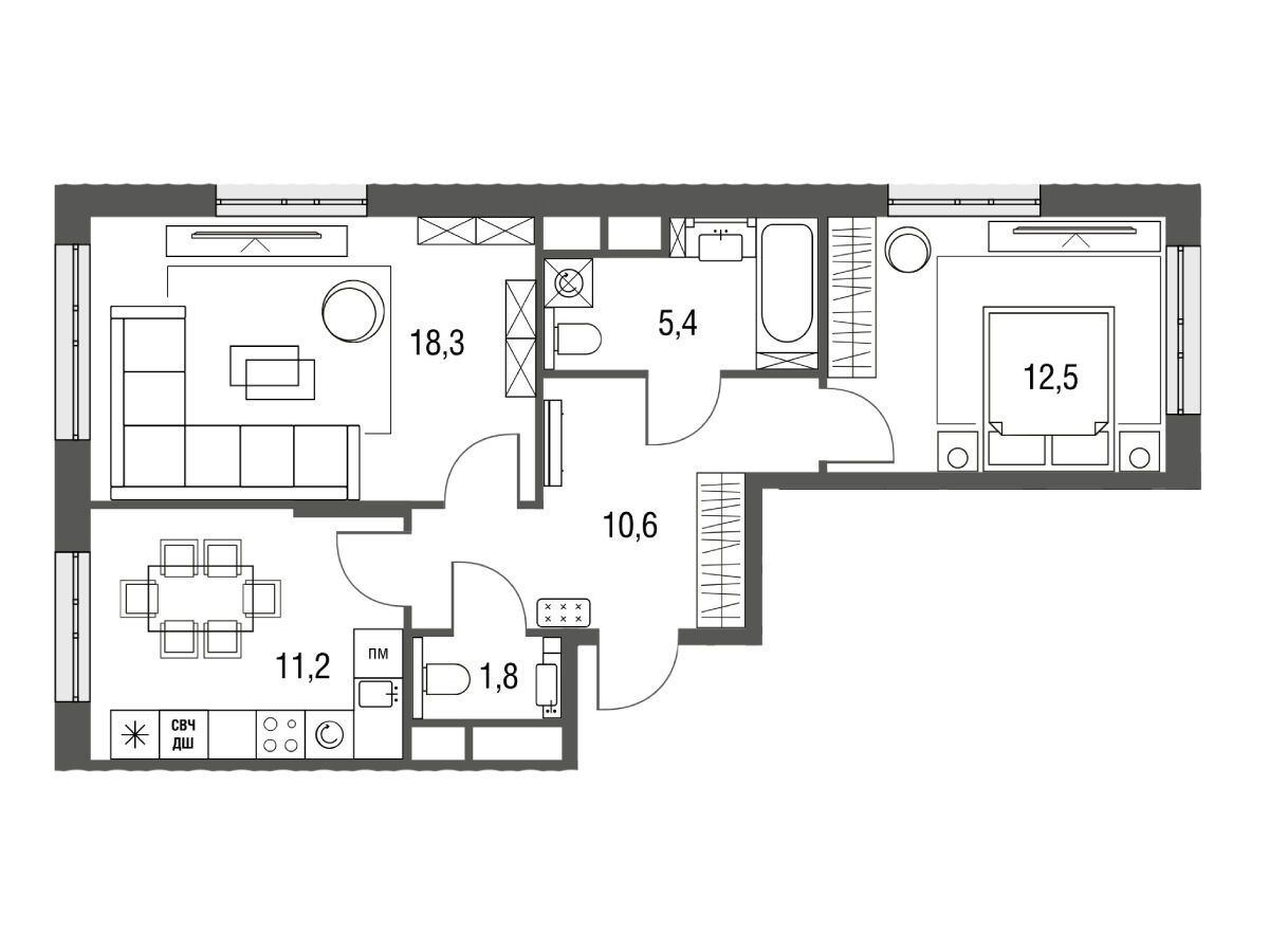Планировка: 2-комн. квартира 59.70 м² в новостройке Сиреневый парк