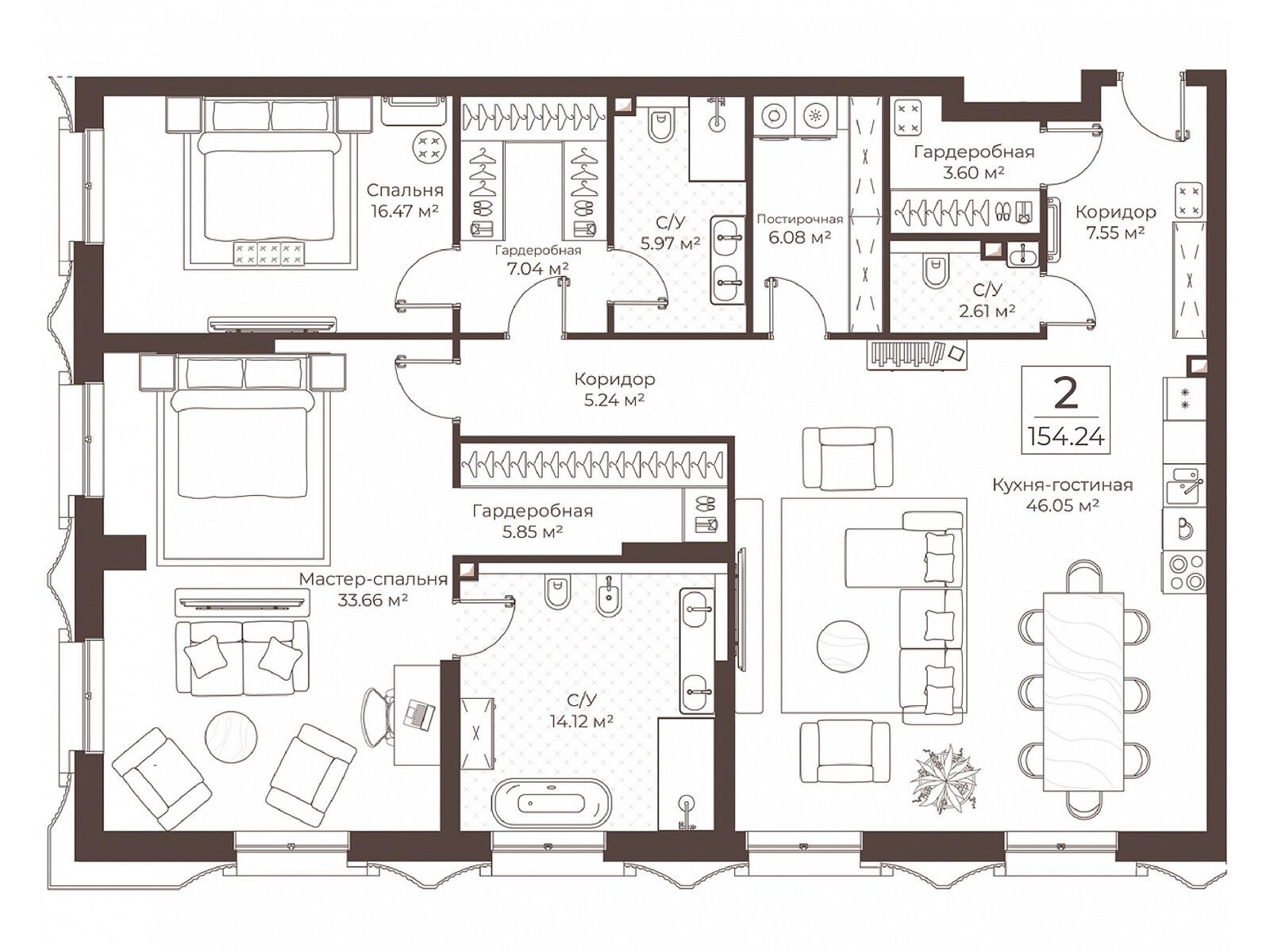Планировка: 2-комн. квартира 154.24 м² в новостройке Воронцовъ
