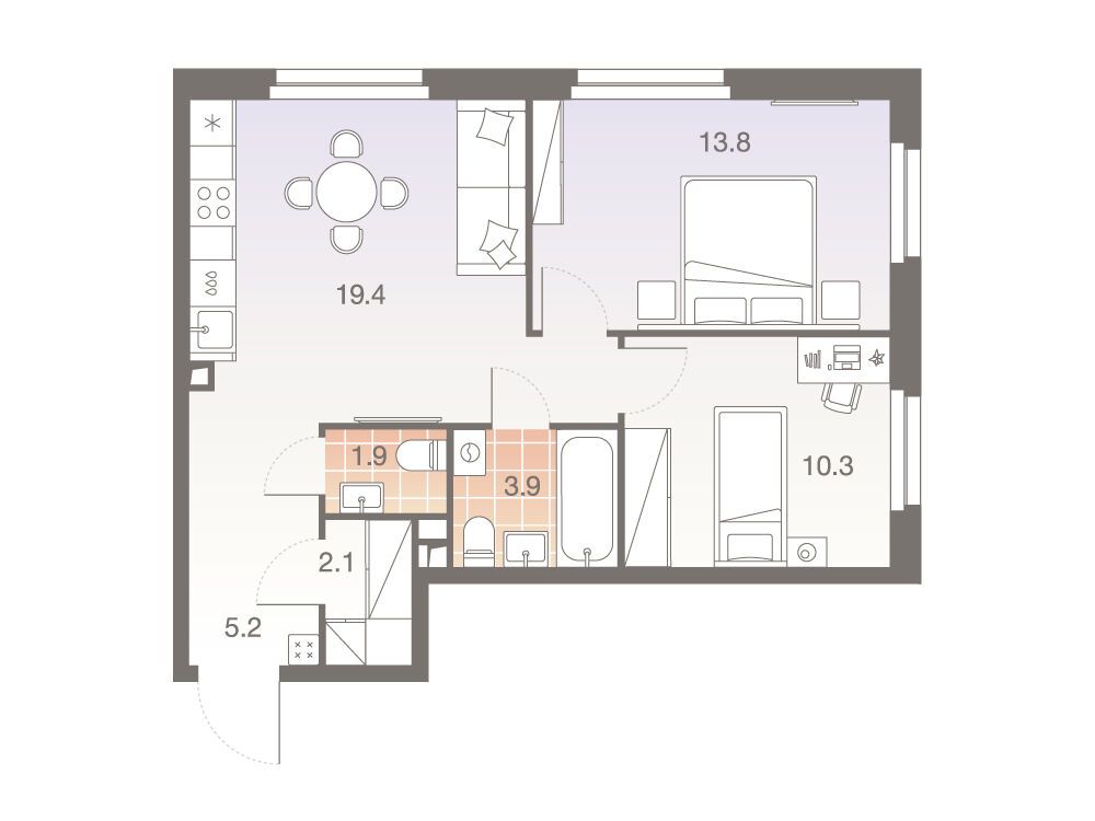 Планировка: 3-комн. квартира 57.00 м² в новостройке Твелв