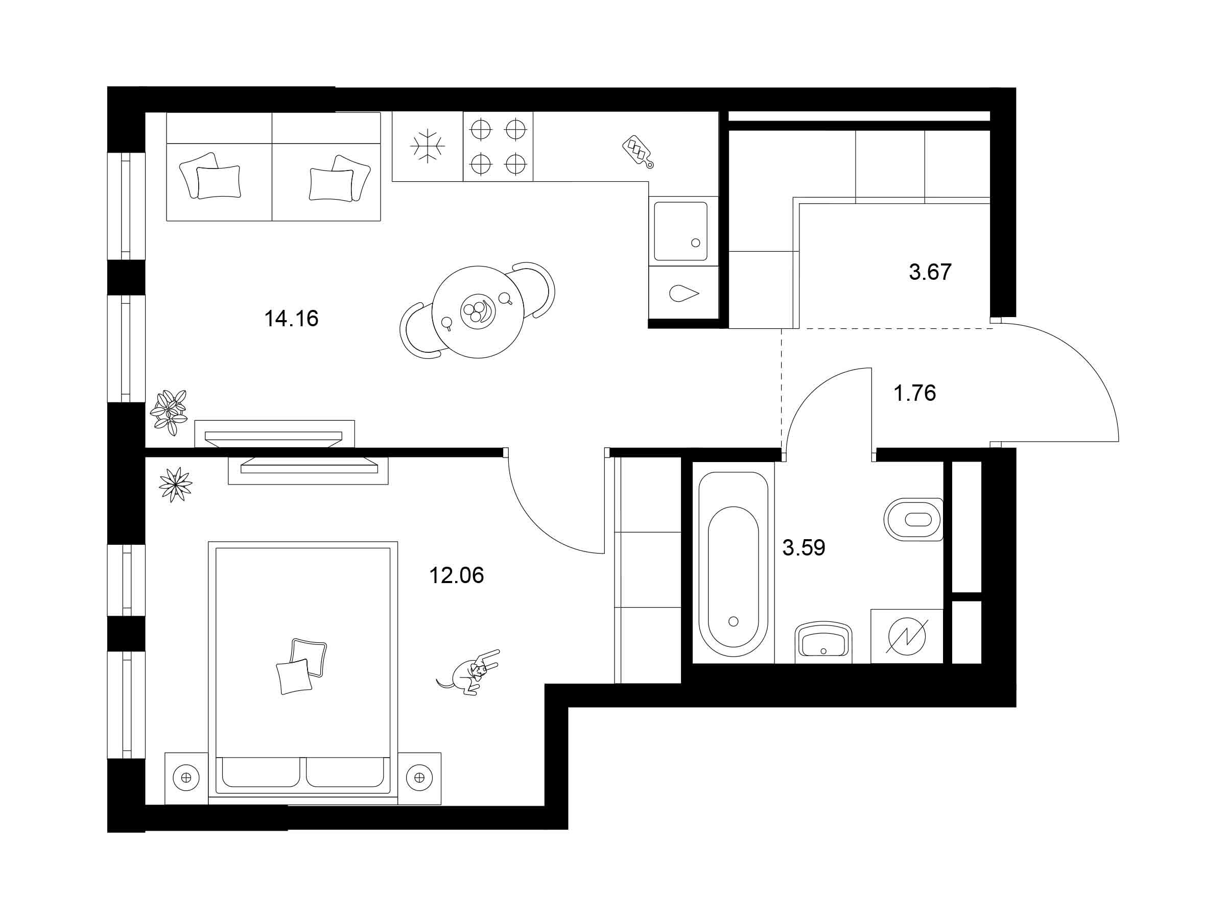 Планировка: 1-комн. квартира 35.10 м² в новостройке Квартал Мит