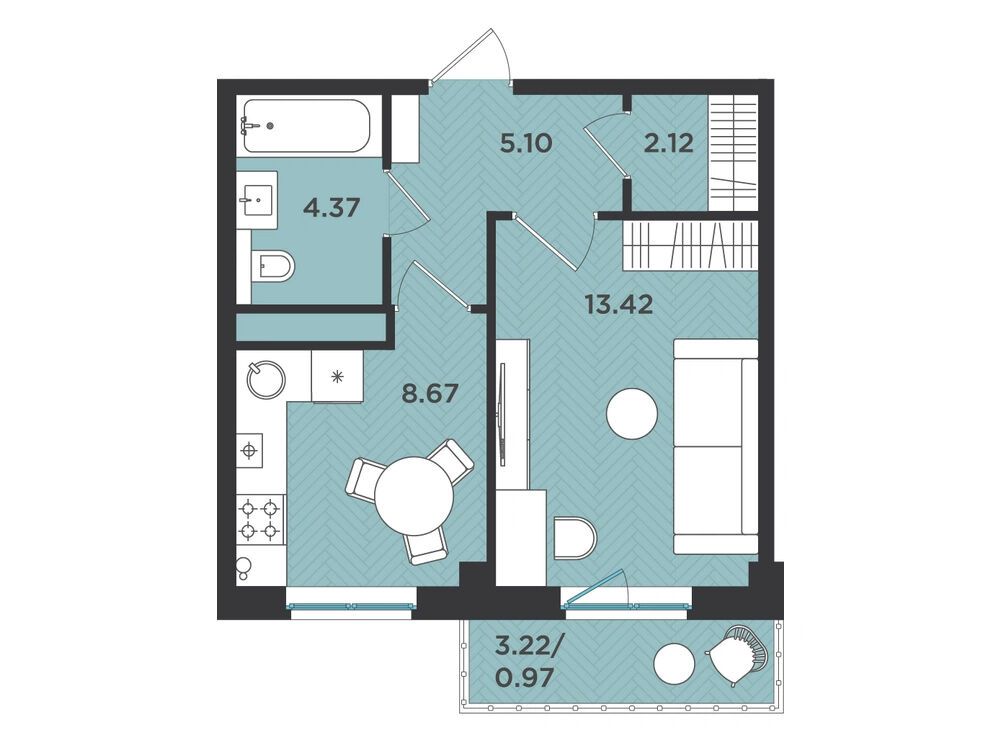 Планировка: 1-комн. квартира 34.65 м² в новостройке Новокасимово