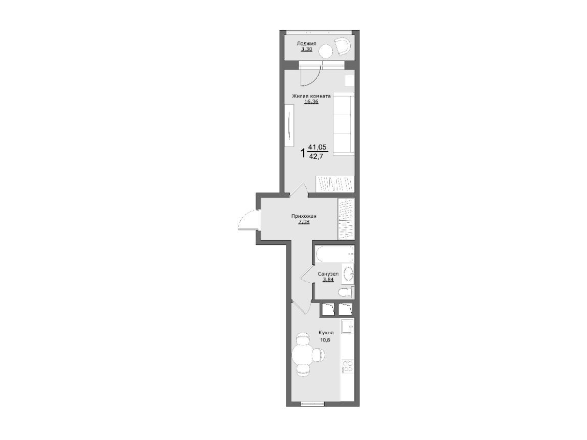 Планировка: 1-комн. квартира 42.70 м² в новостройке Клевер
